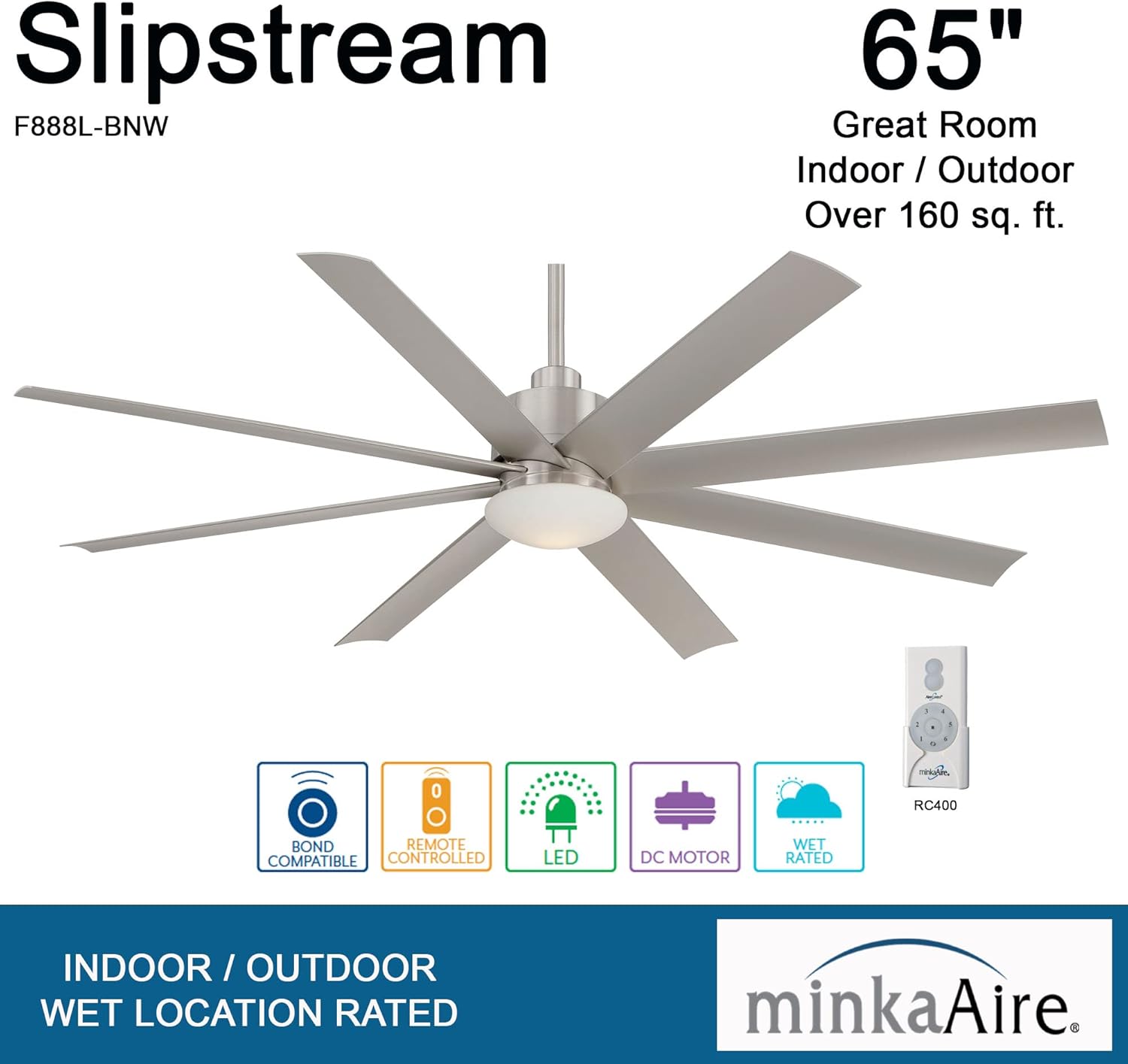 MINKA-AIRE F888L-BNW Slipstream 65 Inch Outdoor Ceiling Fan with Dimmable LED Light and DC Motor in Brushed Nickel Wet Finish