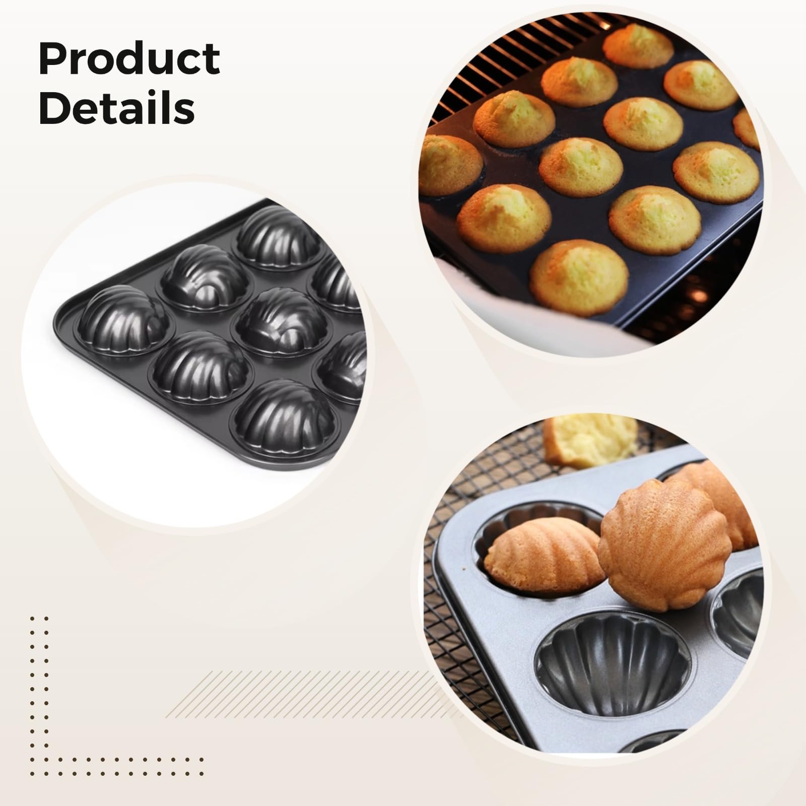 BOSREROY 12-Cup Mini Cake Mold, Nonstick, Carbon Steel, Fluted Design for Muffins, Brownies, and Madeleines, Oven Safe 450°F, Easy Release, Black