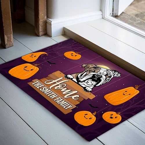 Miniatura 5 de Kobalo Tapete personalizado de bulldog inglés, divertido tapete de Halloween para puerta de perro, calabaza aterradora, felpudo de bienvenida, para