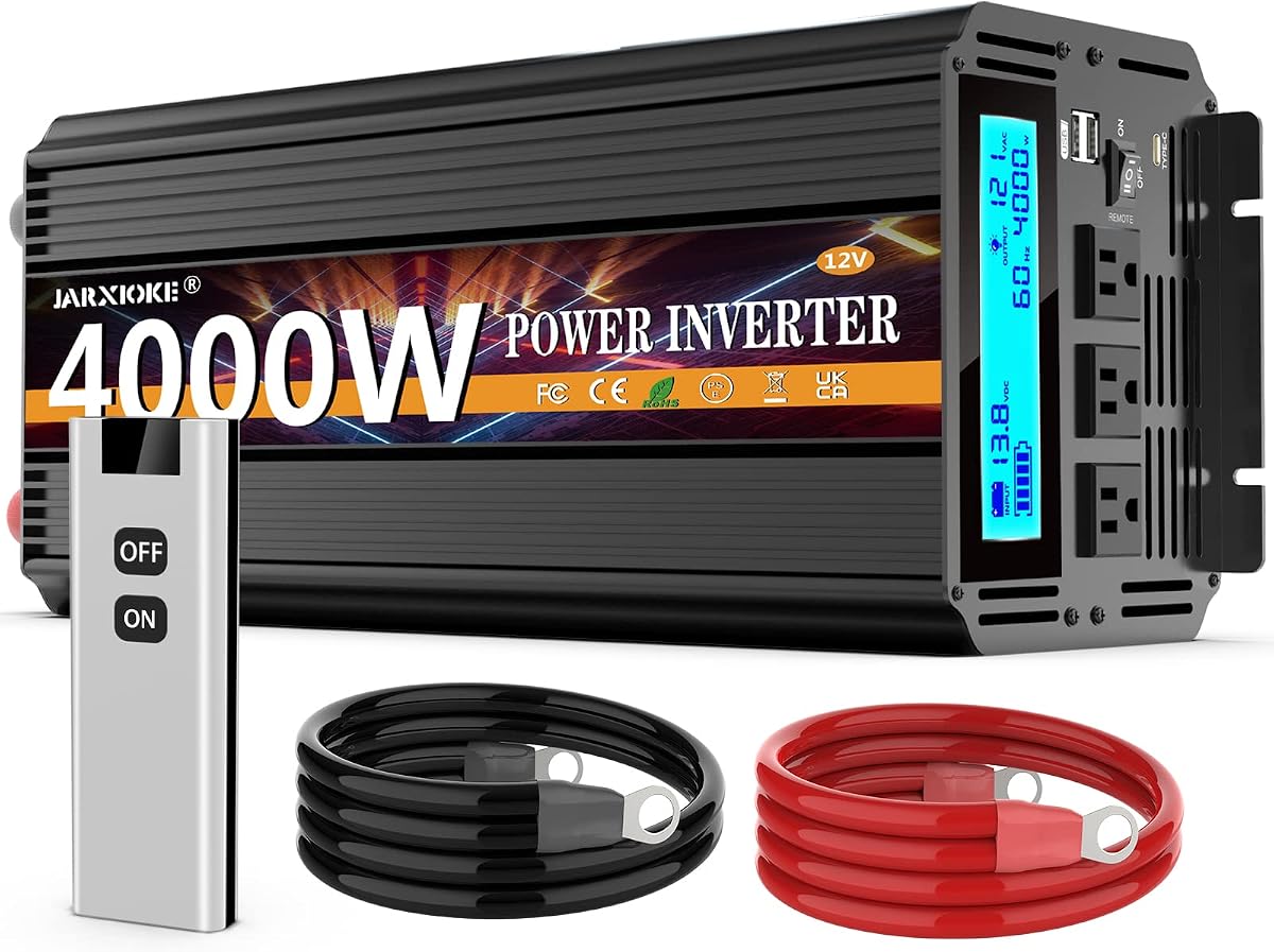 Inversor de corriente de 4000 vatios Convertidor de 12 V CC a 110 V 120 V para RV familiar Sistema solar fuera de la red Coche con puertos tipo C 3 tomas de corriente CA Puertos USB duales Pantalla LCD Control remoto inalámbrico