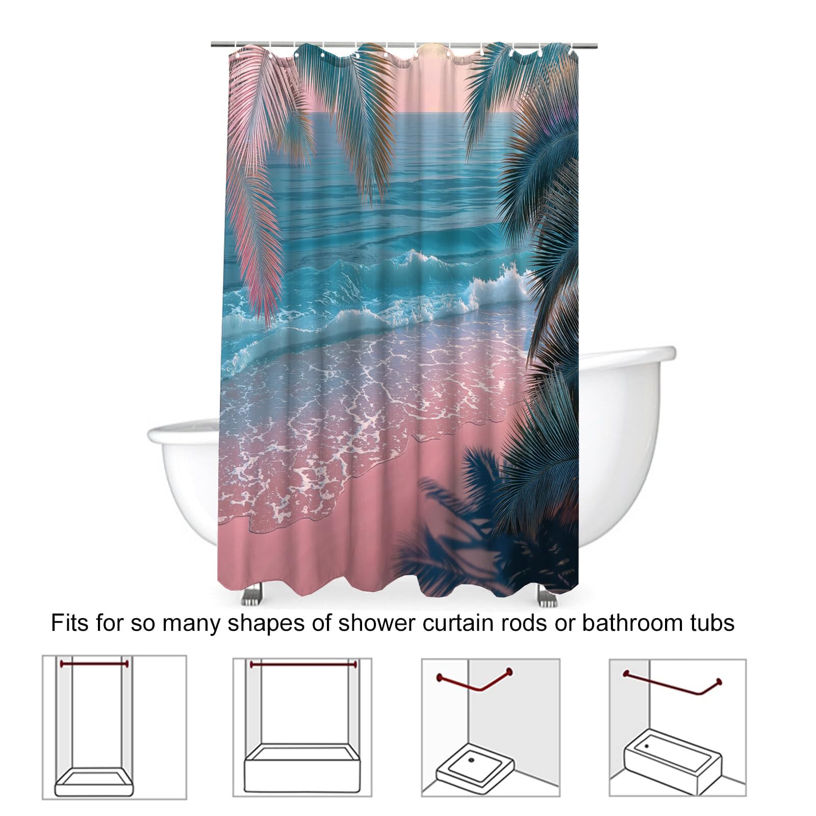 Rideau Douche,Rideau Baignoire Lavable en Machine Rideaux Douche Tissus Lavable Rideau De Baignoire Lavable pour Salle De Bain Domicile Baignoire Famille,Plage De Coconut Tree,