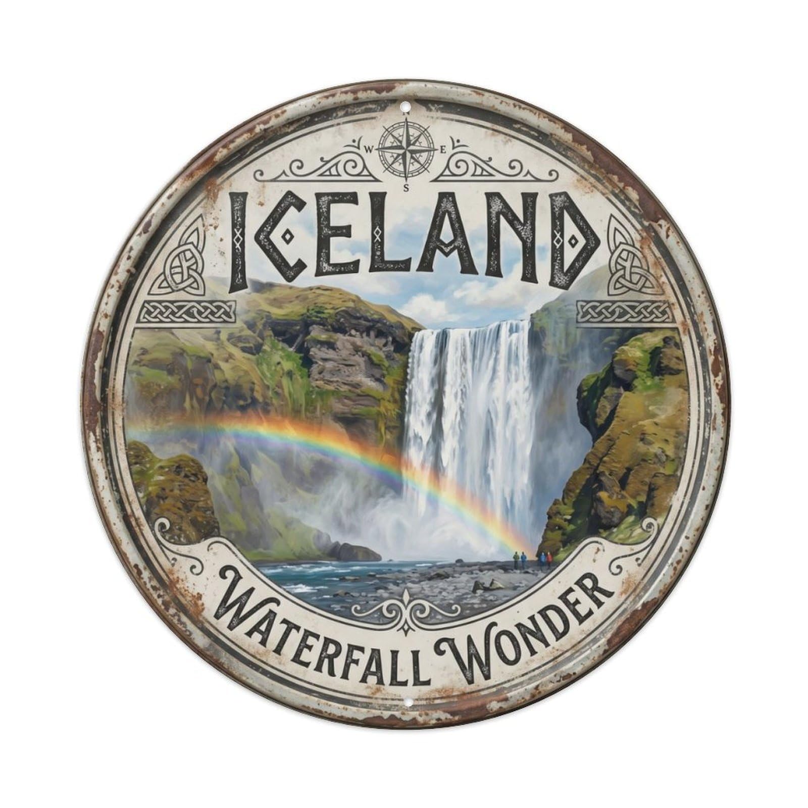 Vintage Travel Skogafoss Iceland Cascade Metal Tin Sign Plaque Wall Decor for Cafe, Club, Garden Round Metal Poster 8x8Inch