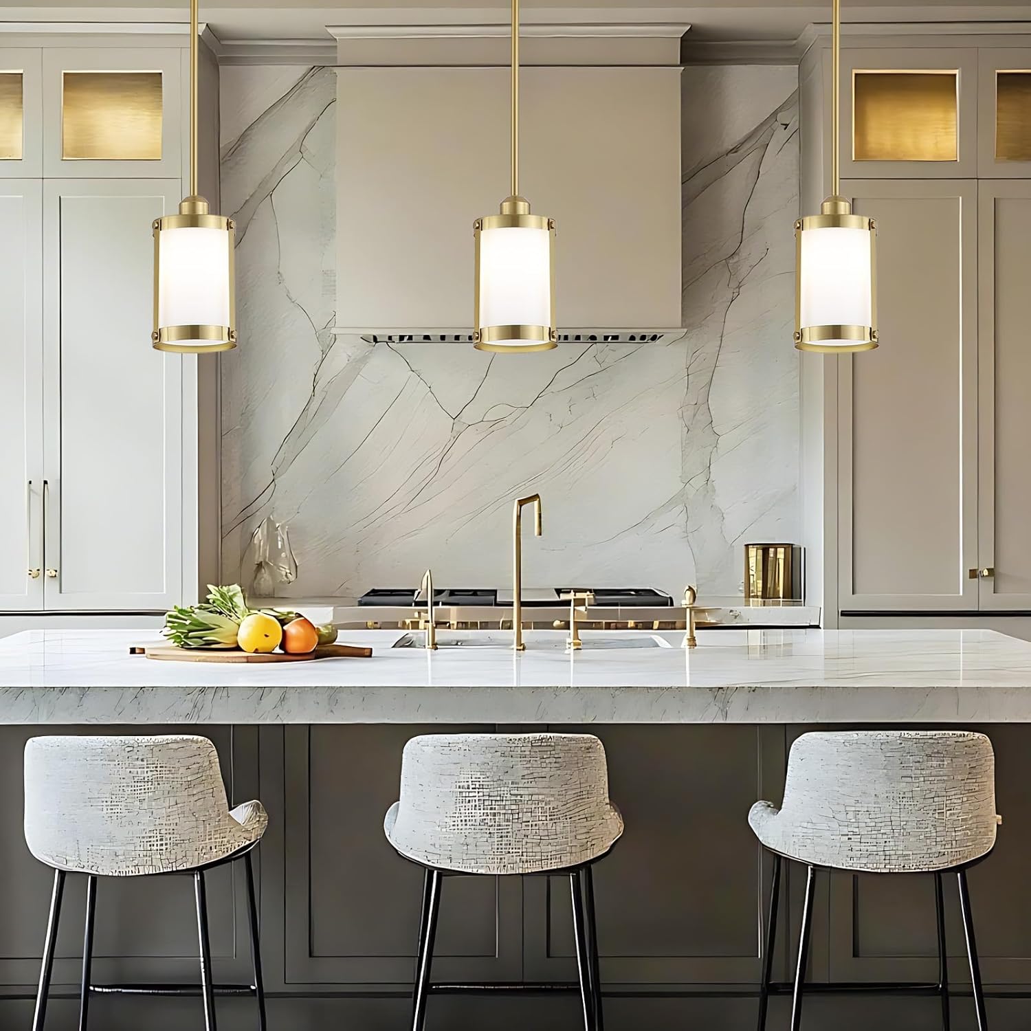 Brushed Gold Milk Glass Pendant Light Kitchen Island,Modern Brass Mini Pendant Lighting,Farmhouse Art Deco Chandelier Hanging Light Fixtures Over Sink for Dining Room