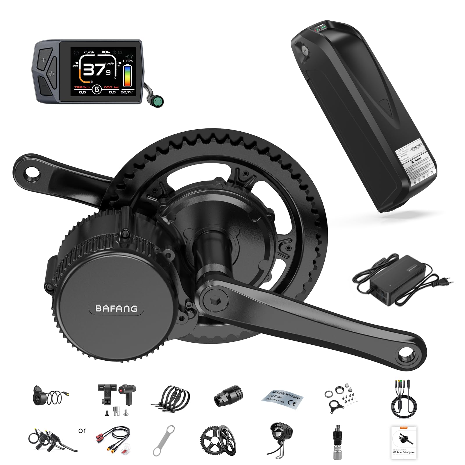 BAFANG Mittelmotor 48V 250W BBS01B Ebike Umbausatz mit 48V13Ah  Unterrohr-Batterie und Multifunktions EKD01 Display, CAN Version G340 8fun  Motor f�r ...