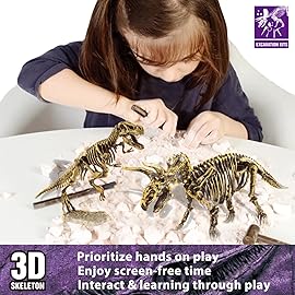 Dinosaur Fossil Dig Kit, Dino Excavation Kits for Kids, Educational Science Kits, Dinosaur Toys for Kids, Dig up 2 3D Skeleton Puzzles and 2 Dino Figures Including T-Rex, Triceratops