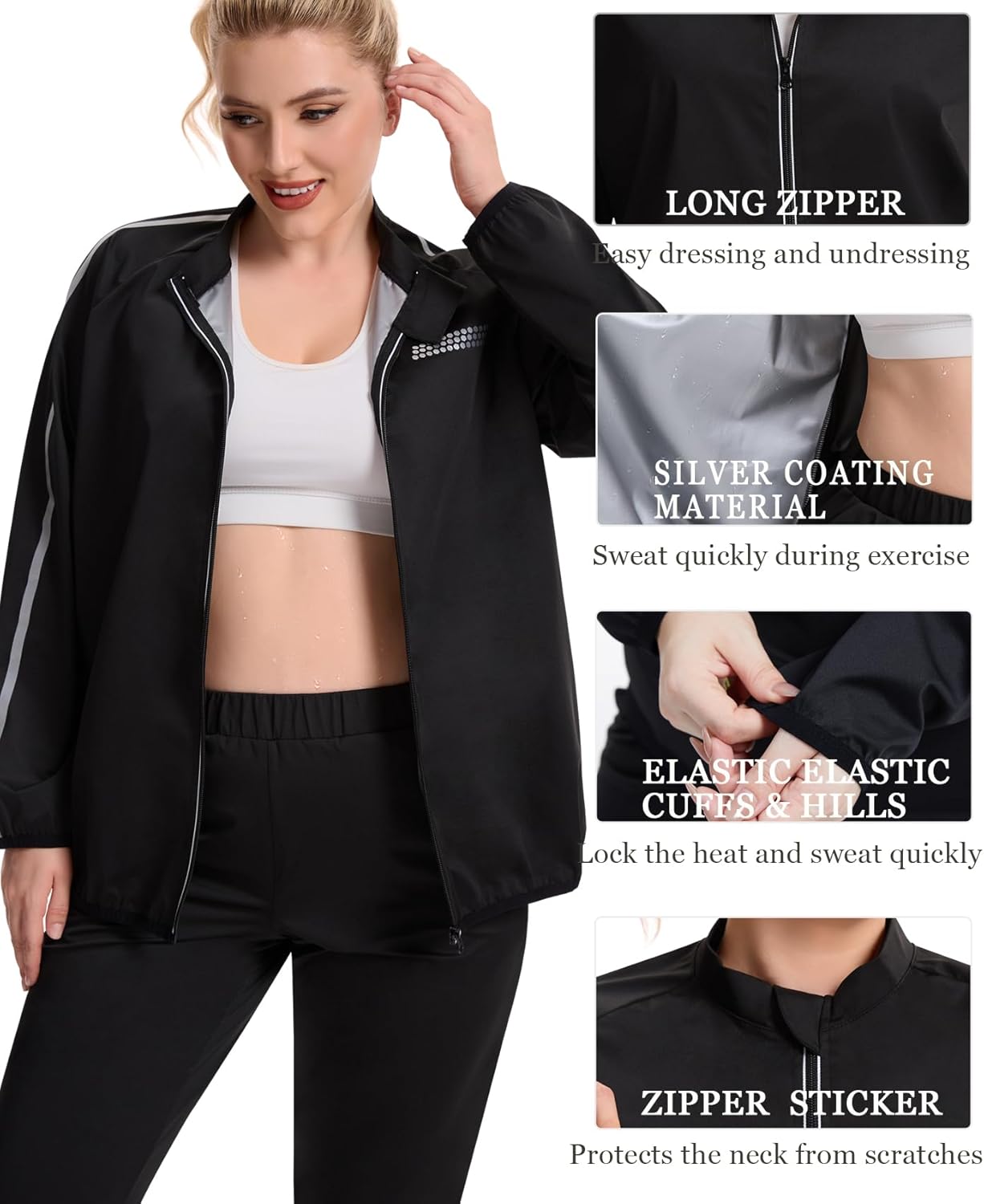 NINGMI Sauna Jackets Women Plus Size Sweat Suit Zipper Sauna Shirt Long Sleeve Body Shaper Gym Exercise Top with 1XL-5XL