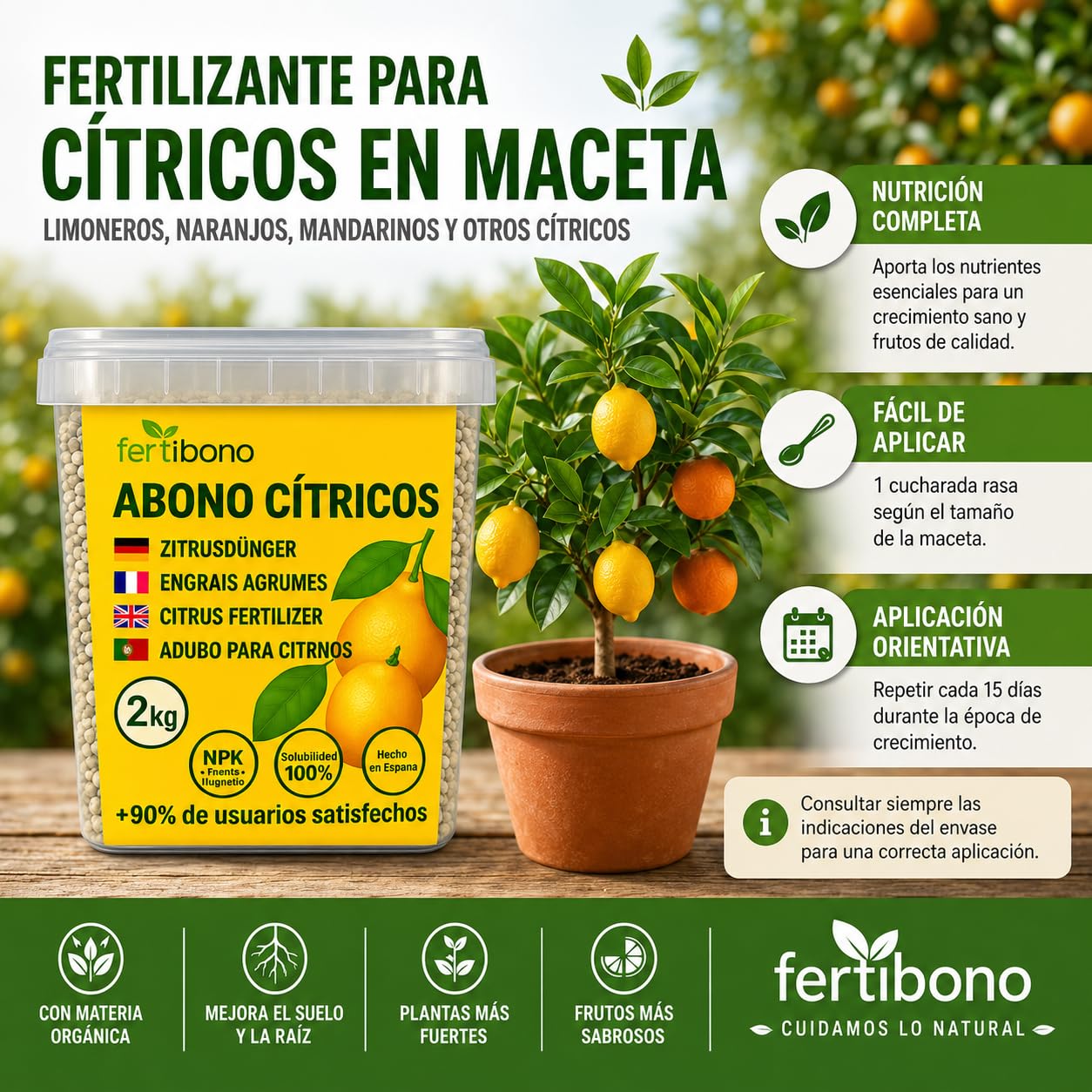 Zitrusdünger Granulat 2 kg | NPK 20-5-13 + Mg mit Eisen & Mangan – klare Jahresdosierung für Zitronenbaum & Zitruspflanzen | FERTIBONO