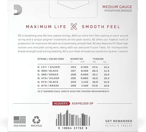 Miniatura 2 de D'Addario Cuerdas para guitarra acústica, XS revestidas de bronce fosforado, XSAPB1356-3P, calibre medio 13-56, juego de 6 cuerdas, paquete de 3