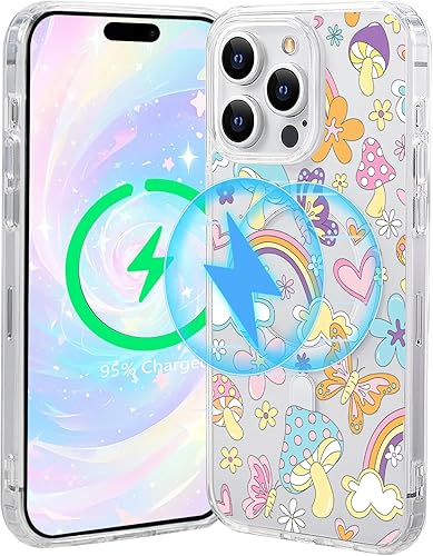 Miniatura 8 de Funda magnética transparente con diseño de flores para iPhone 15 Pro compatible con MagSafe, patrón floral transparente a prueba de golpes, parte