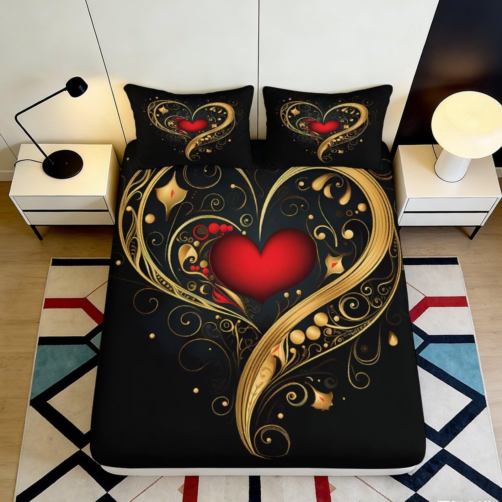 Pnayamiorkfel Style-8 3D Printed Golden Heart Fitted Sheet Microfiber Soft Black Red Artistic Bed Cover For Bedroom Guest Room Decor 90X200x25cm