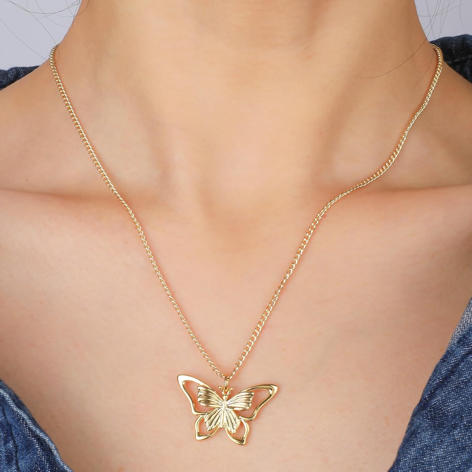 Gold Butterfly Pendant Necklace for Women 14K Gold Plated Hollow Butterfly Pendant Choker Necklace Adjustable Gold Chain Insect Fairy Butterfly Statement Necklace Party Trendy Jewelry Gift for Her - Image 4