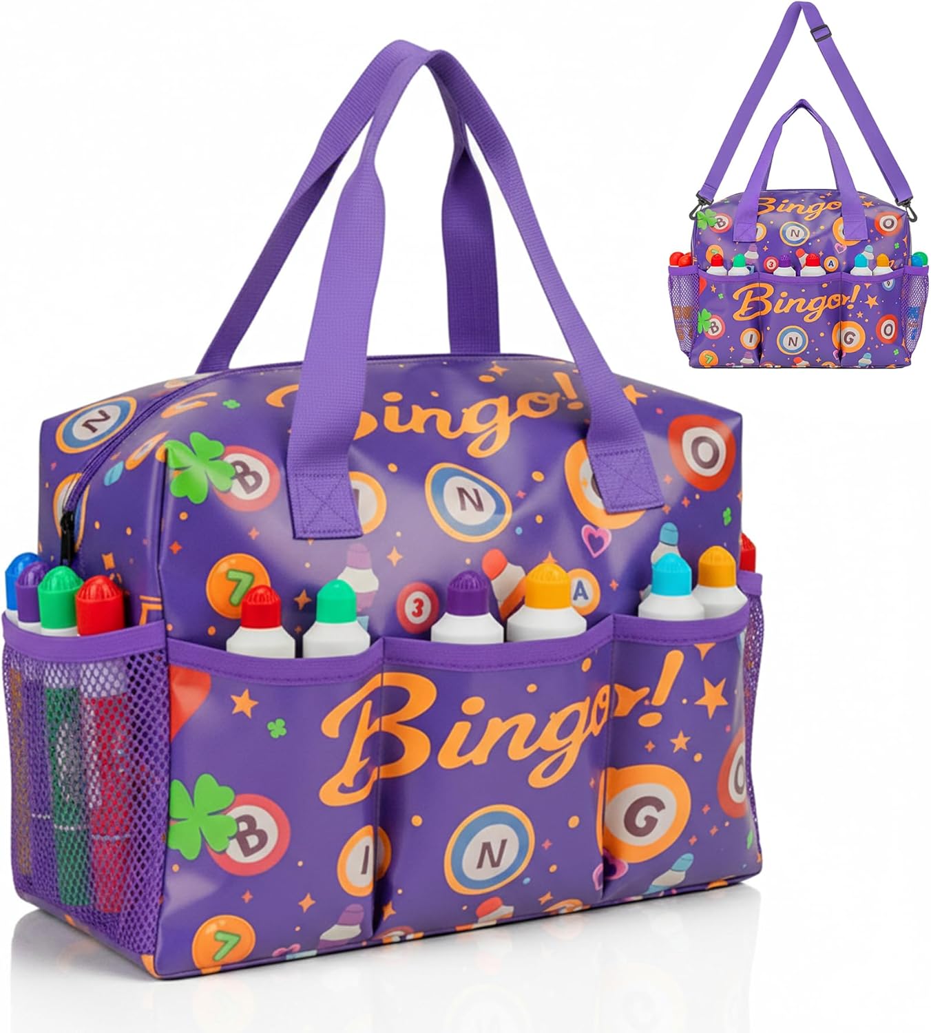 Bingo Bag with Pockets for Bingo Daubers Dabbers Dobbers Dotters Water Resistant Bingo Game Accessories for Adults and Seniors Portable Storage for Casino Bingo Supplies (PU Purple)