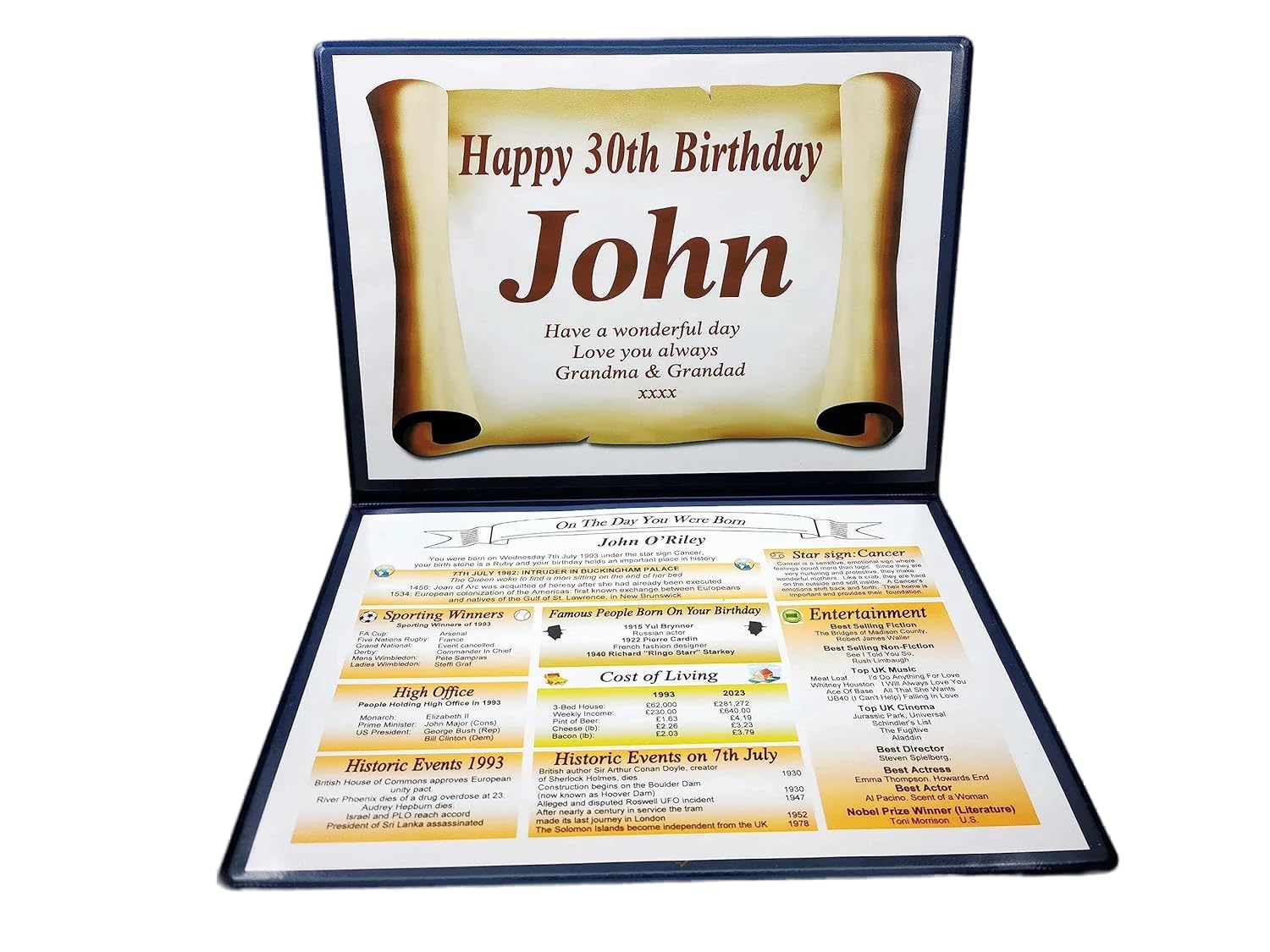 AGS-Designs PERSONALISED BIRTHDAY GIFT - THE DAY YOU WERE BORN - KEEPSAKE FOLDER - ANY YEAY AVAILABLE (30th Folder)
