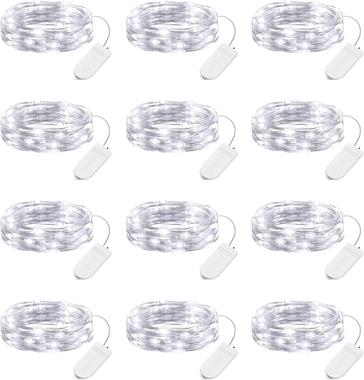 Brightown 12 Pack Led Fairy Lights Battery Operated String Lights Waterproof Silver Wire 7 Feet 20 Led Firefly Starry Moon Lights for DIY Wedding Party Bedroom Patio Christmas (12 Pack, White)