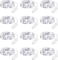 Vista 15 de Brightown Paquete de 12 luces LED de hadas que funcionan con pilas, cable plateado impermeable de 7 pies, 20 luces LED de luna estrellada