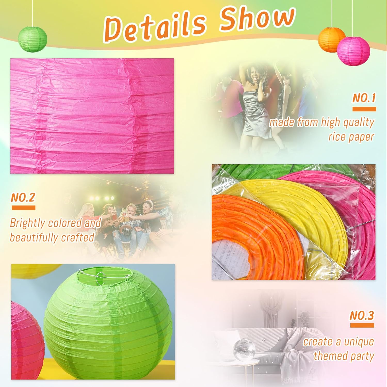 Riakrum 16 Pcs Neon Themed Paper Lanterns Birthday Party Decorations Mixed Size 6'' 8'' 10'' 12'' Colorful Chinese Hanging Paper Lanterns for Wedding Home Decorations Supplies