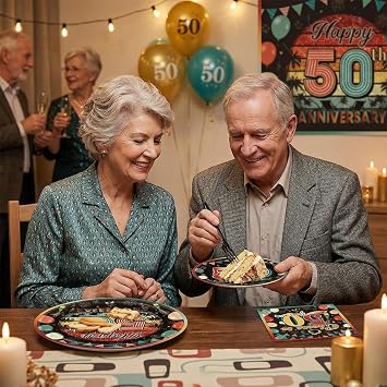 EUOYUFO 96Pcs Vintage 50th Anniversary Paper Plates Napkins Forks 50th Wedding Anniversary Party Tableware for Men Women Cheers to 50 Years Theme Supplies Serve 24 Guests