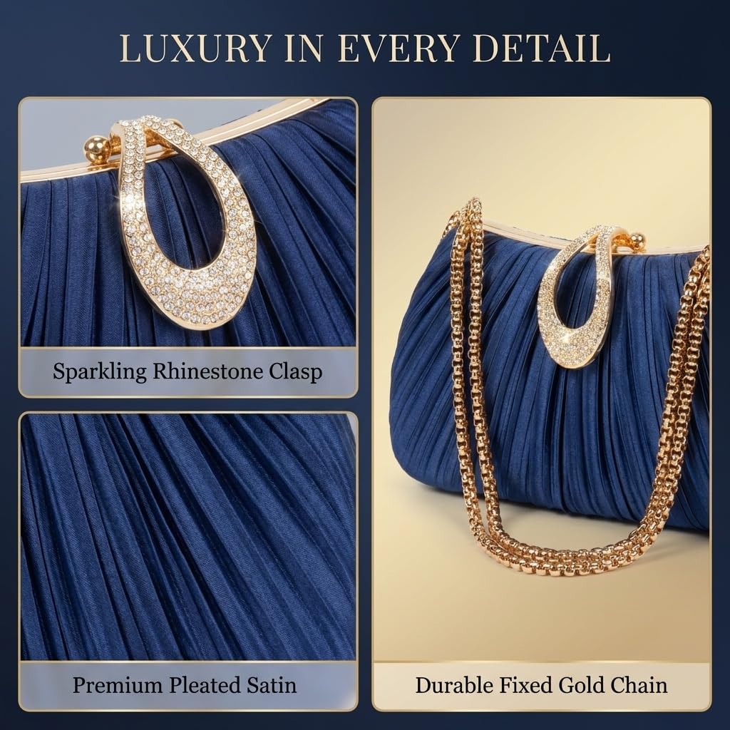 Women‘s Pleated Satin Clutch Purse， Evening Bag with Rhinestone Clasp & Detachable Chain， Formal Party Wedding Handbag