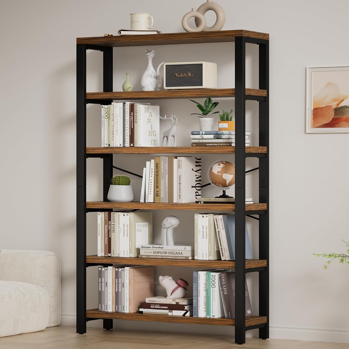 6-Tier 39.37" Wide Heavy Duty Bookshelf | Industrial Wood and Metal Bookshelf, Vintage Bookcase with Lock Wall Design, Living Room Shelf, Rustic Brown