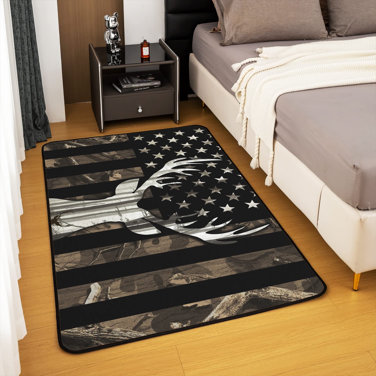Reindeer Antler Area Rug 4'x5' Camouflage National American Flag Rug for Bedside Living Room Backyard Sofa Decoration Camo Rustic Tree Plant Decor Carpet for Kids Boys Teens Men