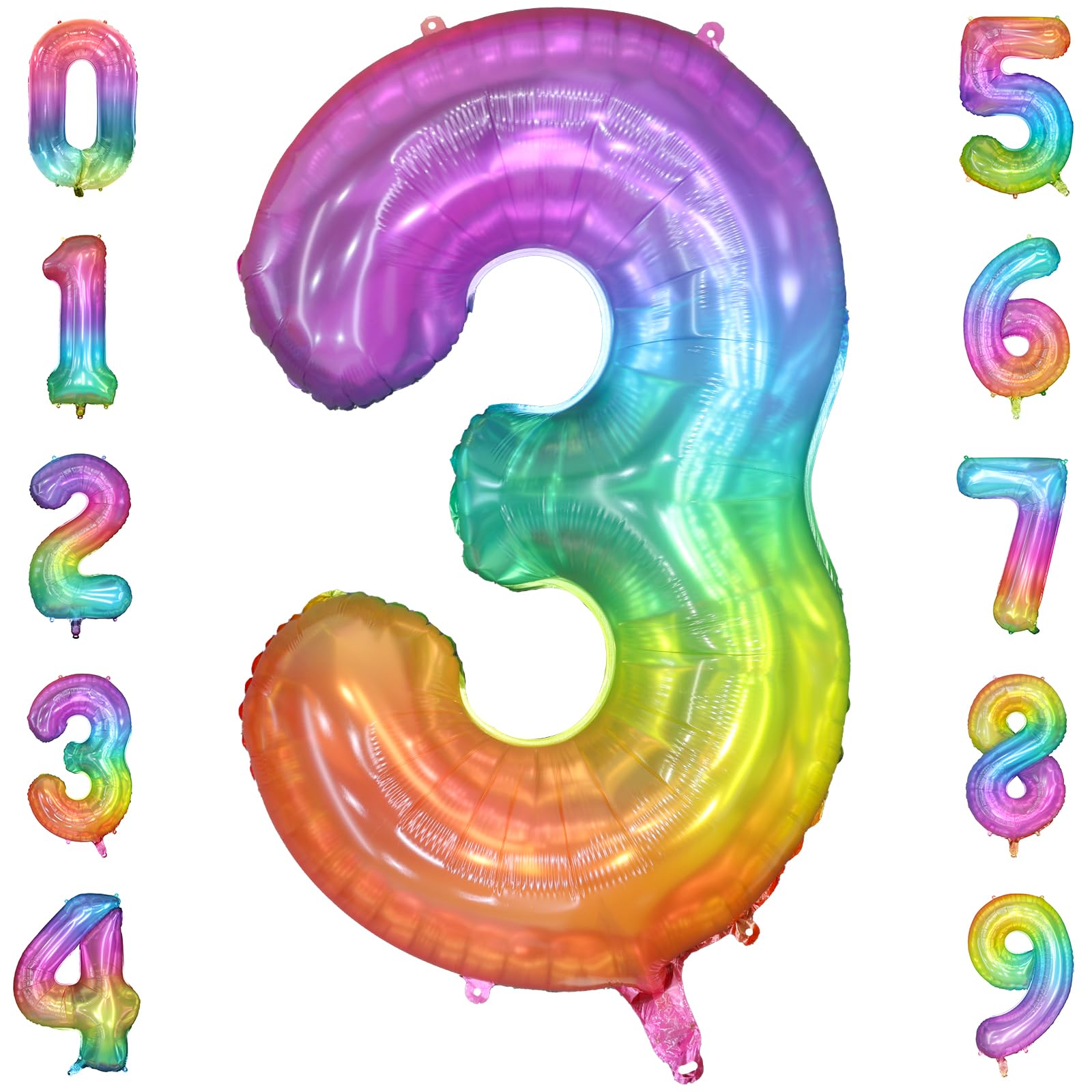 PatiCool 40 Inch Rainbow Number Balloon 3, Large Number Foil Balloons Mylar for Girl Boy Birthday Party Celebration Decorations Supplies, Digital