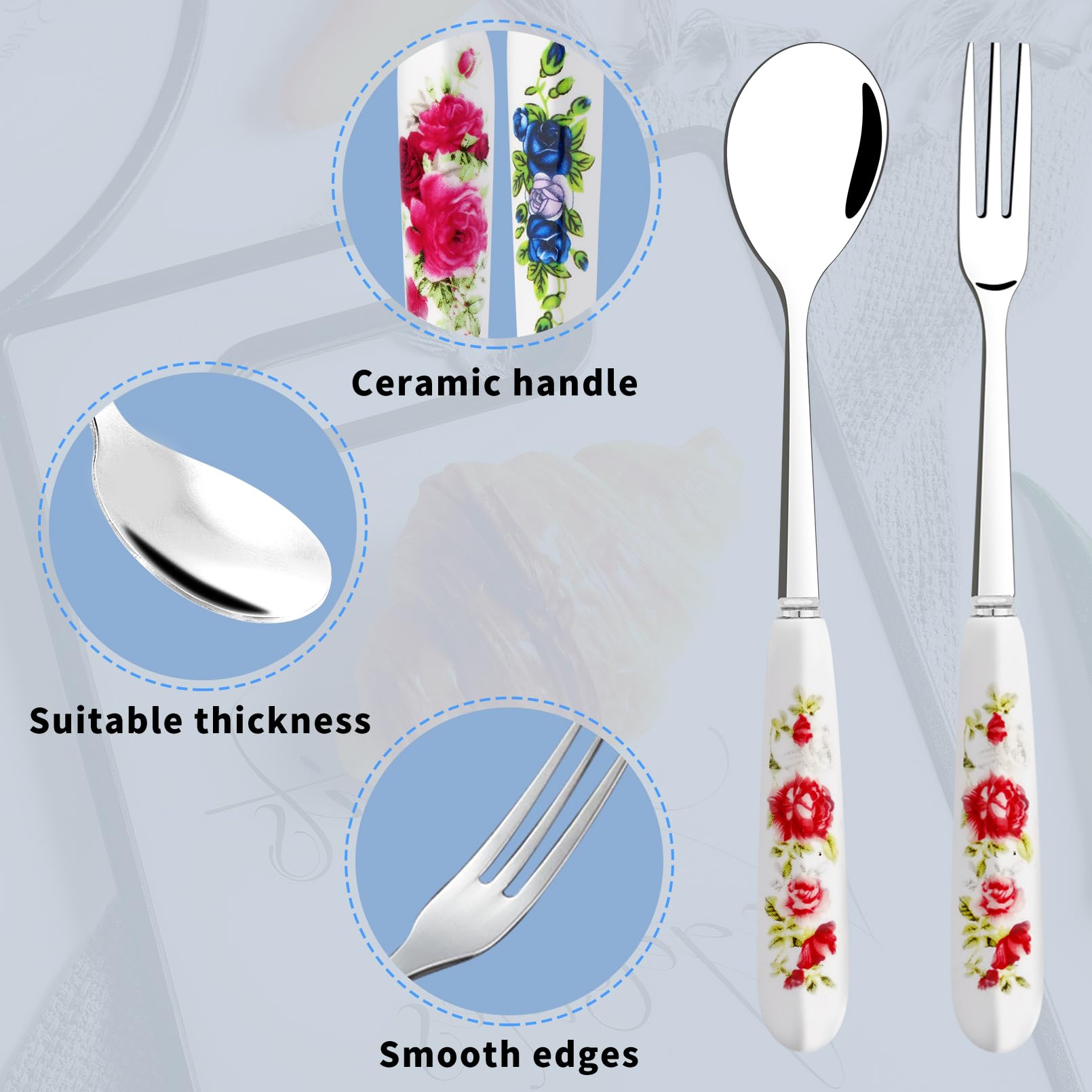 Juego de 14 tenedores y cucharas de postre, tenedores y cucharas con mango de cerámica, mini cucharas de café de acero inoxidable, tenedores de ensalada, tenedores de pasteles, cucharas de té