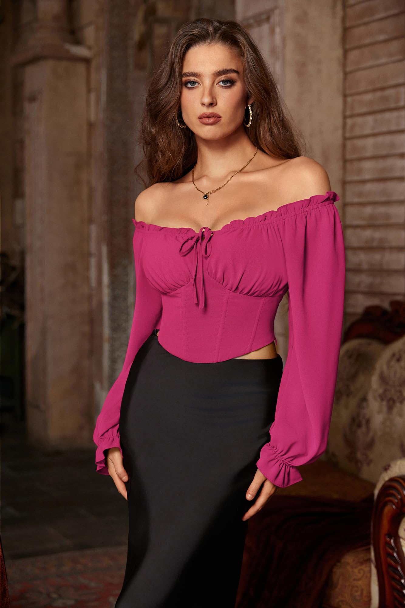 SCARLET DARKNESS Women's Bright Pink Corset Top Long Lantern Sleeve Blouse Smocked Shirts Square Collar Medieval Crop Top S - Image 2