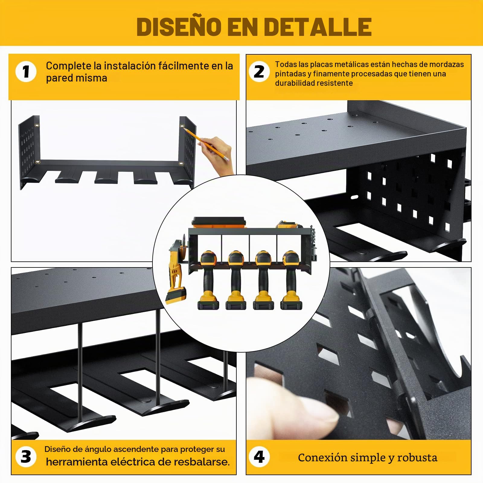 Maletín para herramientas, 4 ranuras para 1 gran estantería, soporte de almacenamiento de pared extraíble para taladro eléctrico de acero resistente para sierra circular, taller, garaje, herrajes