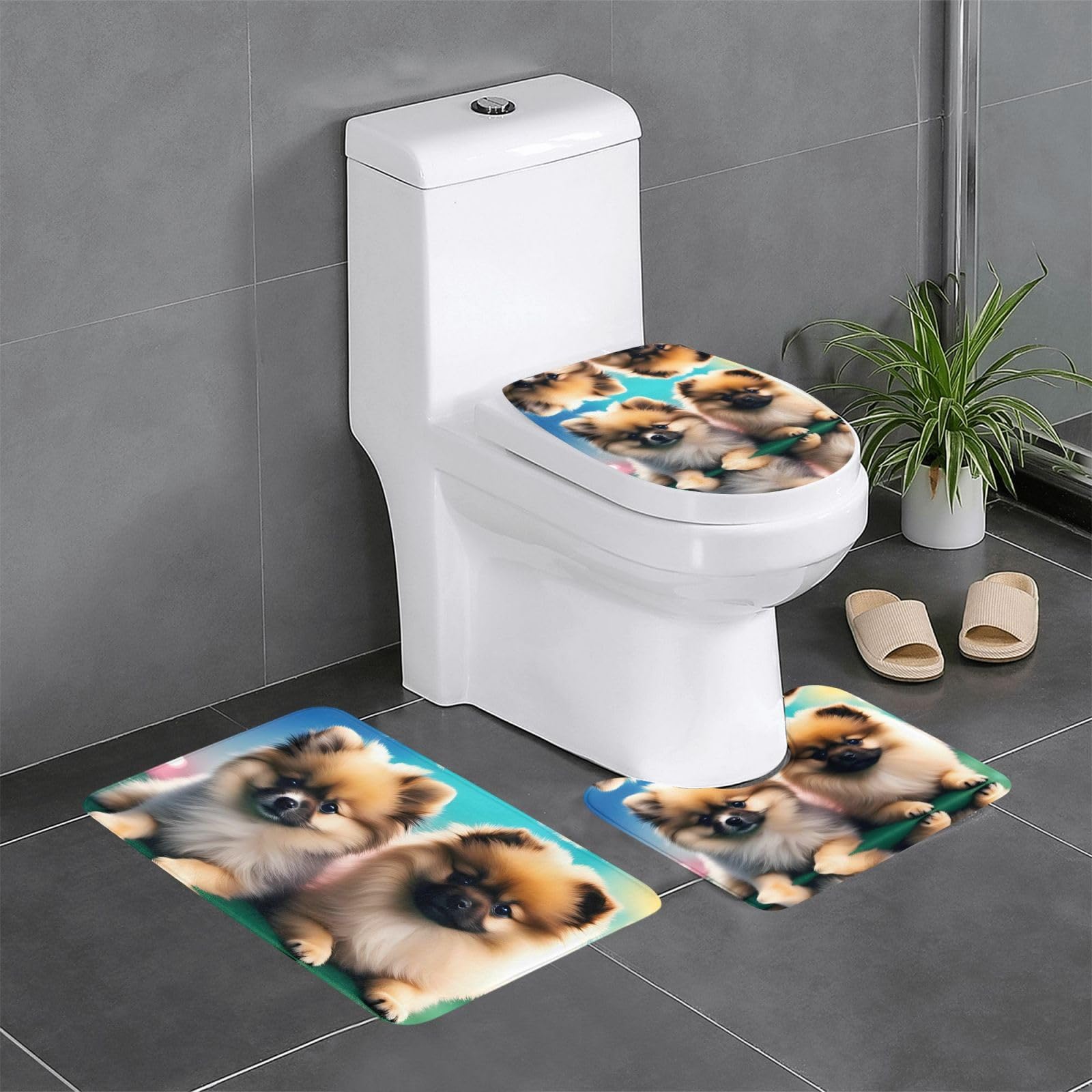 Tapis de bain chiot Poméranie lot de 3 absorbants et antidérapants