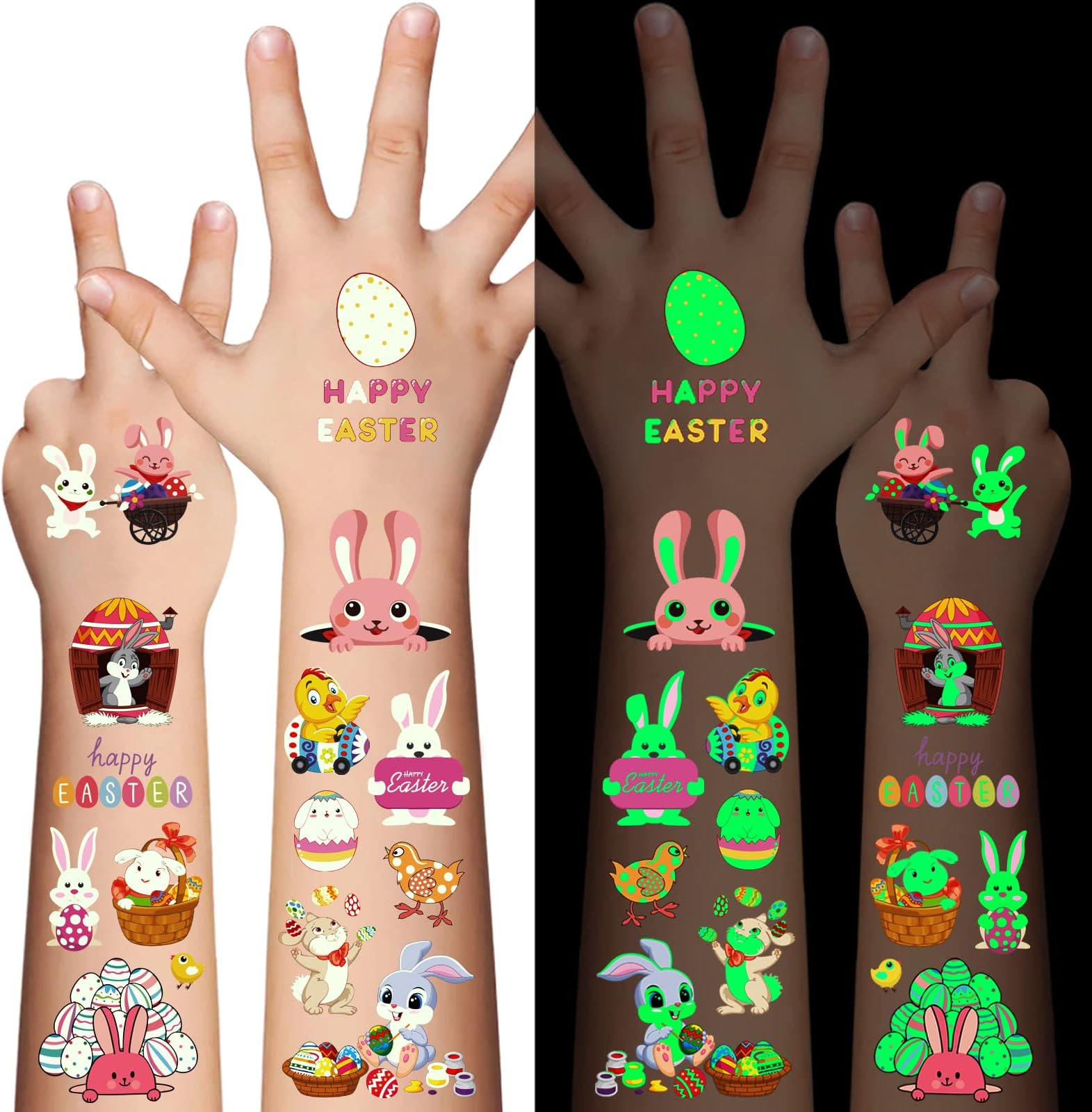 80Pcs Easter luminous temporary tattoos for kids,Glow in The Dark Easter Basket party Tattoos stickers, dwarf colored egg carrot rabbit egg facial makeup Tattoos, holiday party Supplies Favors Gifts