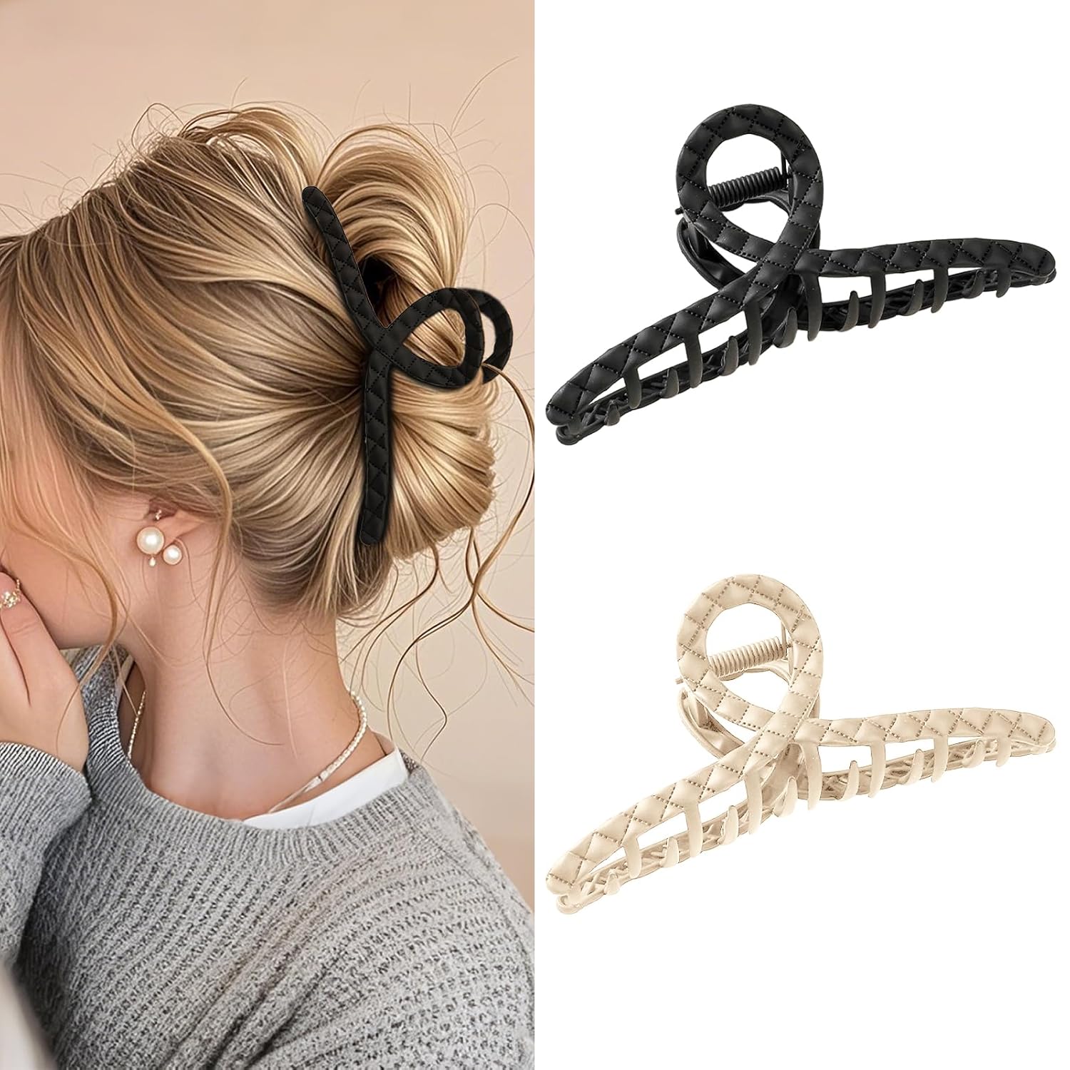 5-Inch Extra Large Claw Clips, 2 PCS Quilted Pattern Matte Shark Hair Clip for Thick & Long Hair, Stylish Strong Hold Non-Slip Jumbo Clamps, Black and White 5-Inch Extra Large Claw Clips, 2 PCS Quilted Pattern Matte Shark Hair Clip for Thick & Long Hair, Stylish Strong Hold Non-Slip Jumbo Clamps, Black and White