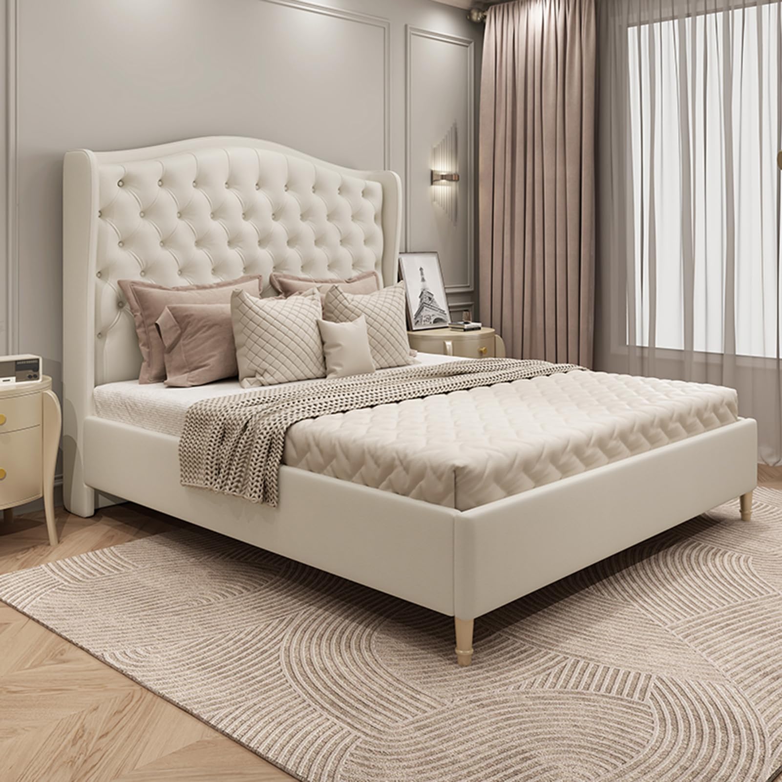 White King Size Genuine Leather Bed Upholstered Platform Bed Frame with Wingback Headboard and Lift Up Storage Strong