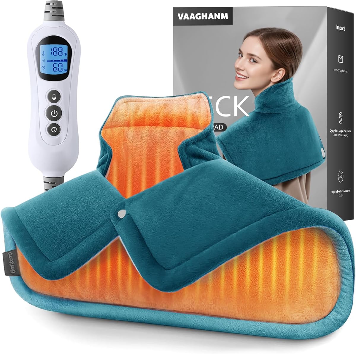 VAAGHANM Heating Pad: Electric Heat Pad for Neck & Shoulders & Back - Weighted Instant Heating Pads-6 Heat Options & 6 Auto Timer Mode-Christmas Gifts for Mom Women-Blue