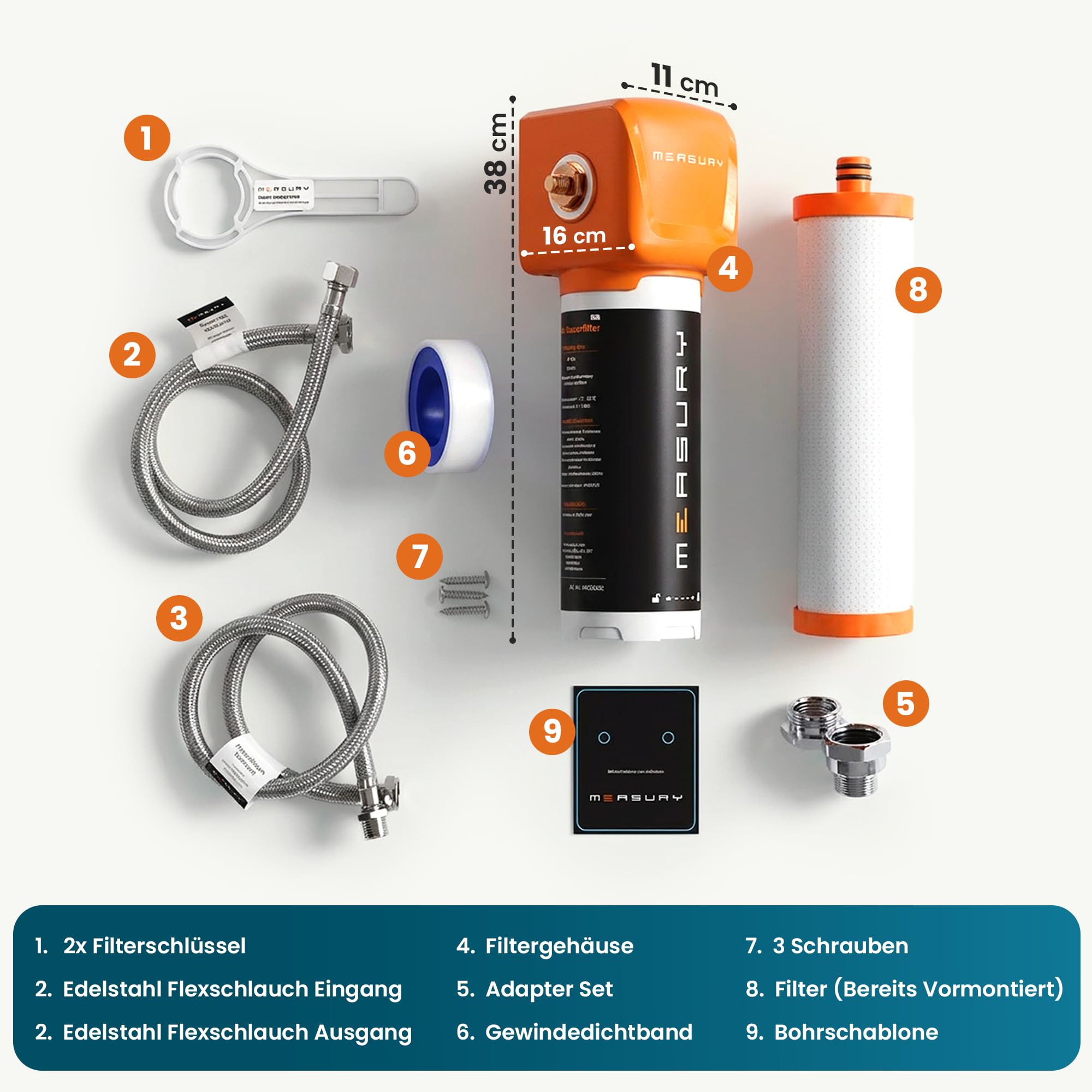 Measury Kalkfilter Untertisch - Wasserfilter Kalk für Wasserleitung & Küchenarmatur - 3-stufiger Trinkwasserfilter gegen Kalk, Chlor, Sand, Rost - 8 L/Min, kein zweiter Wasserhahn, Mineralien bleiben