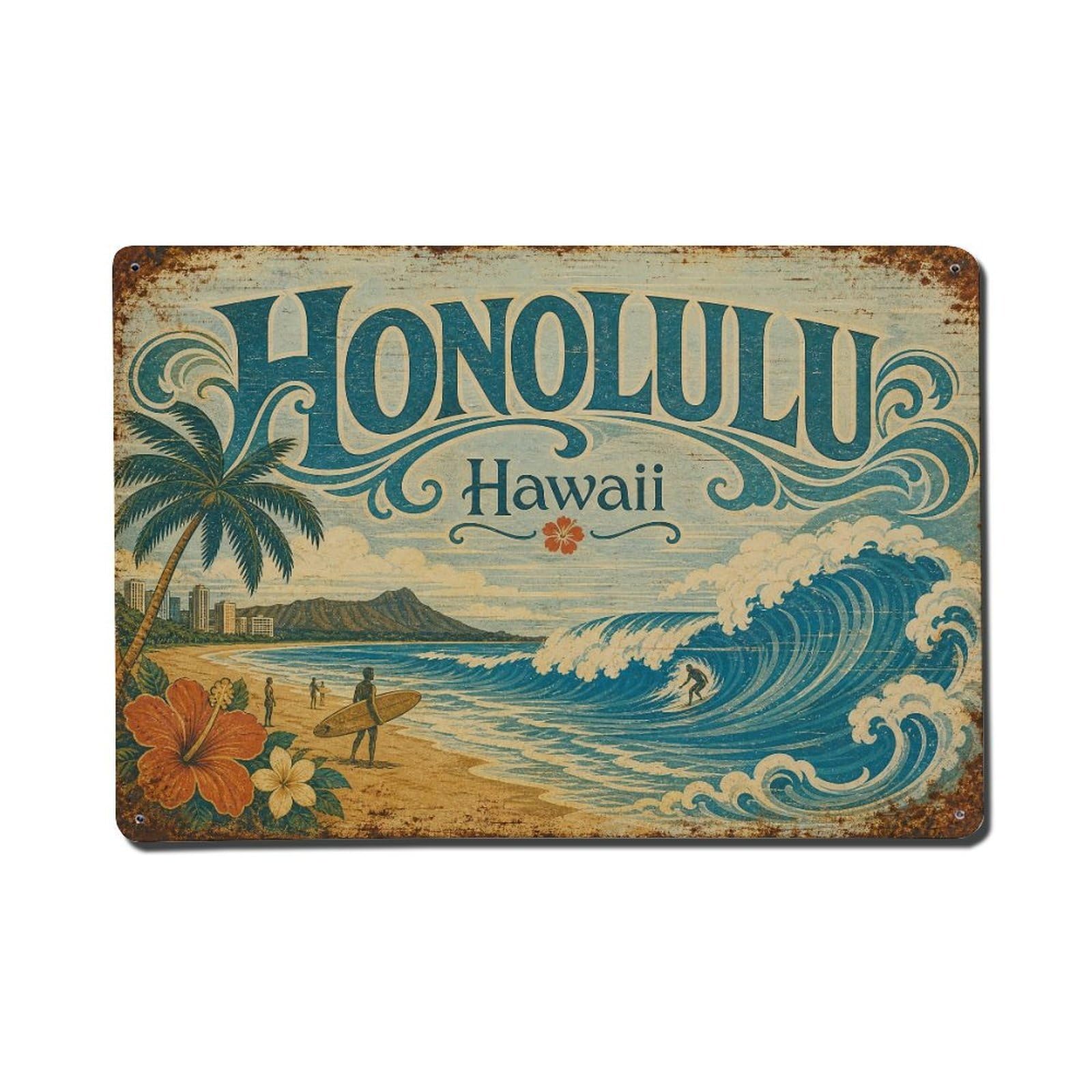 Honolulu Hawaii Surf Waves Island Travel Destination Metal Tin Sign