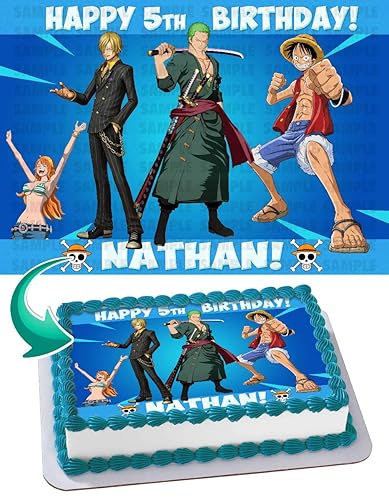 Cakecery Una pieza Luffy Zoro Nami Sanji - Decoración comestible para pastel de cumpleaños, pancarta personalizada, 1/4 hoja