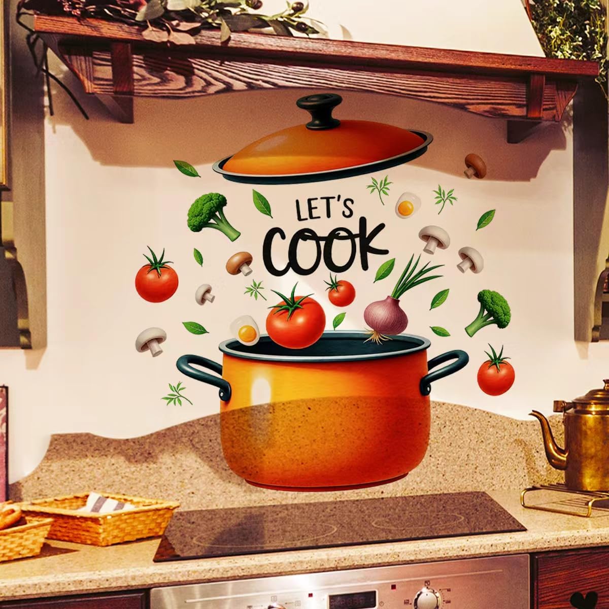 Let’s Cook Wall Decal - Cookware and Food Sign Wall Stickers Decals Removable Vinyl Peel and Stick for Kitchen Dining Restaurant Baking Room Home Decor (Let's Cook)