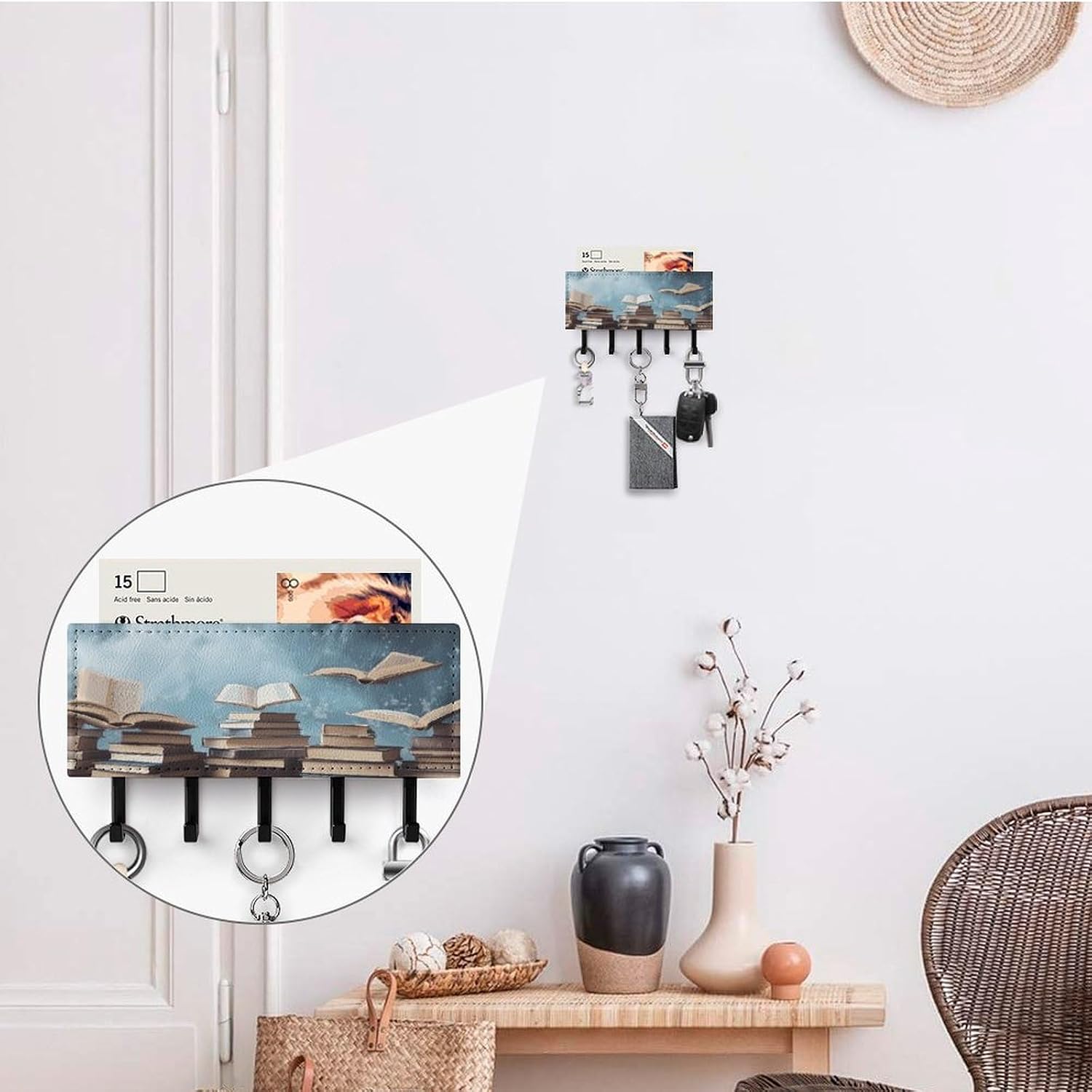 PU Leather Key Holder Wall Mount Key Organizer, Decorative Adhesive Key Rack with 5 Key Hooks, Fashion Books in The Sky Key Hanger Decor for Entryway Door Bathroom Kitchen Hallway