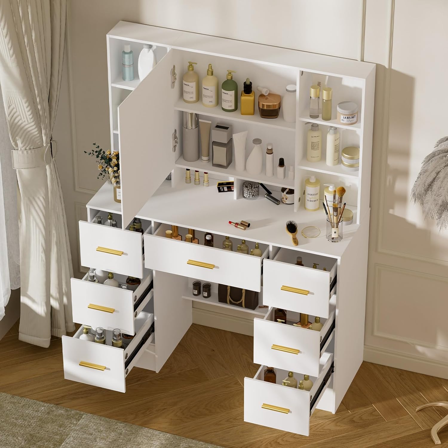 Makeup Vanity Desk with Mirror and Lights, Makeup Vanity Table, White Makeup Desk with 7 Drawers and Shelves, 3 Color Modes & Adjustable Brightness, Dressing Table for Bedroom, Girls, Women