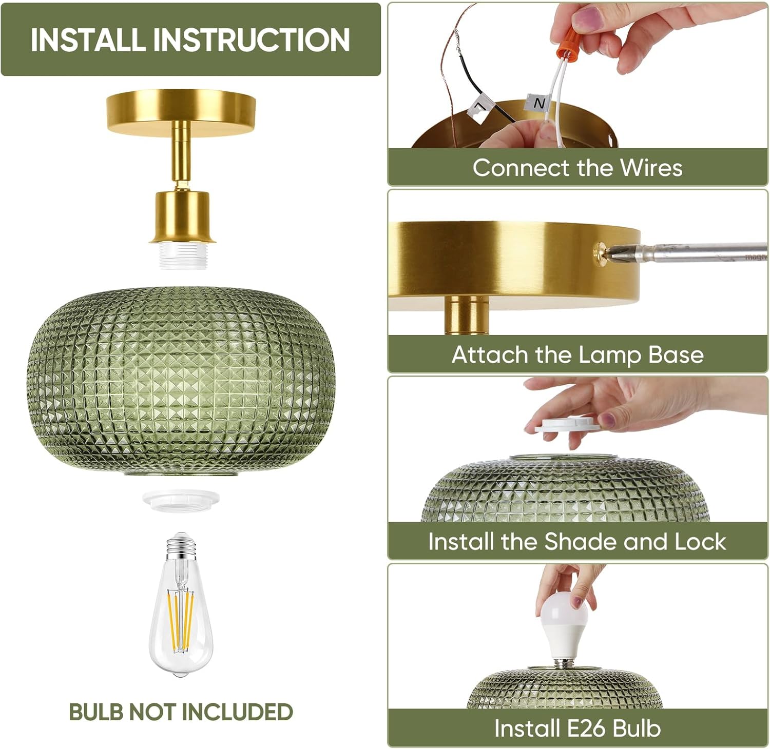 ROTTOGOON Semi Flush Mount Ceiling Light, Adjustable Hanging Gold Sloped Ceiling Lights with Green Glass Shade Vintage Hallway Light Fixtures for Kitchen Bathroom Entryway Bedroom (Bulb Not Included)
