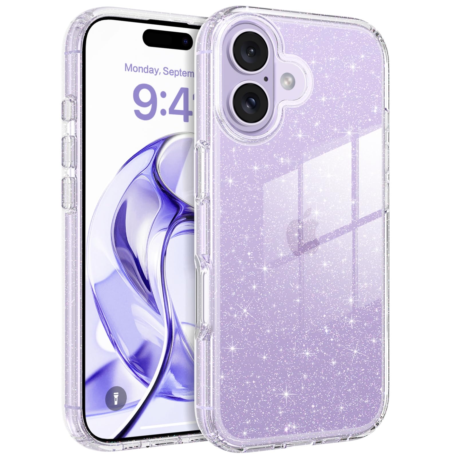 DUEDUE スマホケース 互換性のあるiPhone 17 ケース キラキラ クリア アイフォン17と互換性のある ケース アクリルバックパネル 一体型 全面保護 指紋防止 耐衝撃 軽量 黄変防止 おしゃれ ラメ入り 光沢