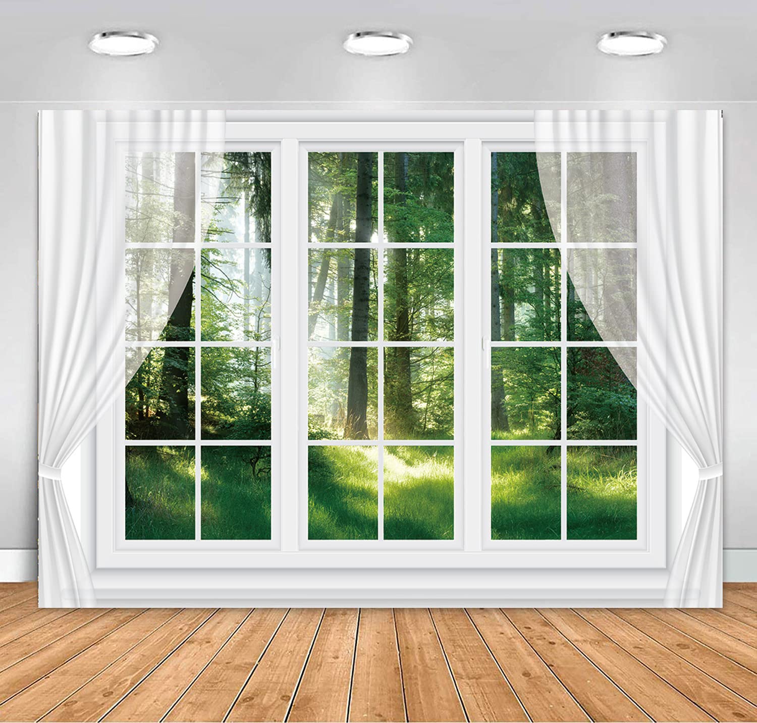 ZARROUEA 7x5ft Spring Window Scenery Backdrop Green Grass Forest Natural Scenery White Windowsill Photography Background Portrait Photography Studio