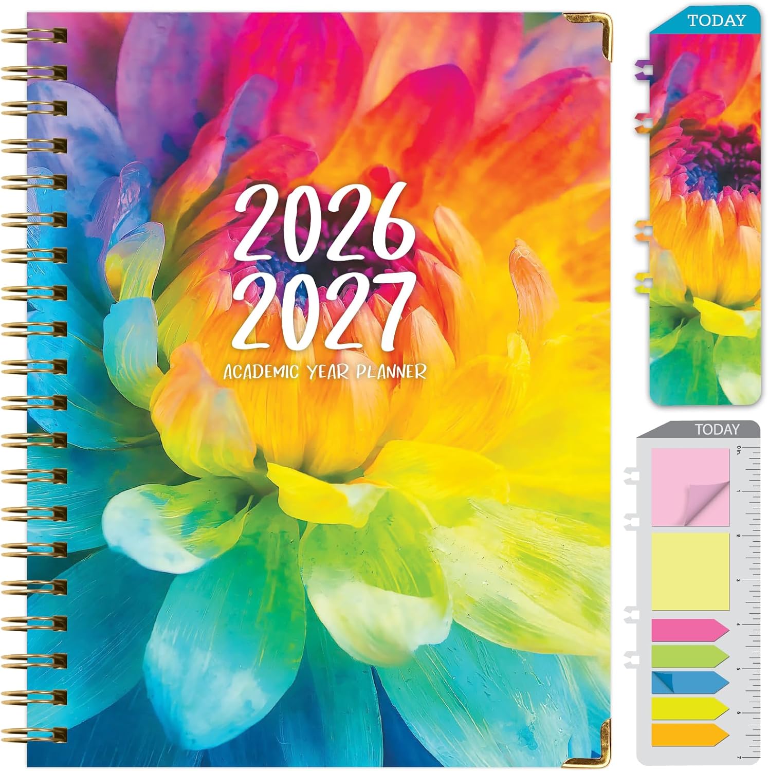 HARDCOVER Academic Year 2026-2027 Planner: 14 Months (May 2026 Through June 2027) 8.5"x 11" Daily Weekly Monthly Planner Yearly Agenda. Bookmark, Pocket Folder and Sticky Note Set (Rainbow Petals)