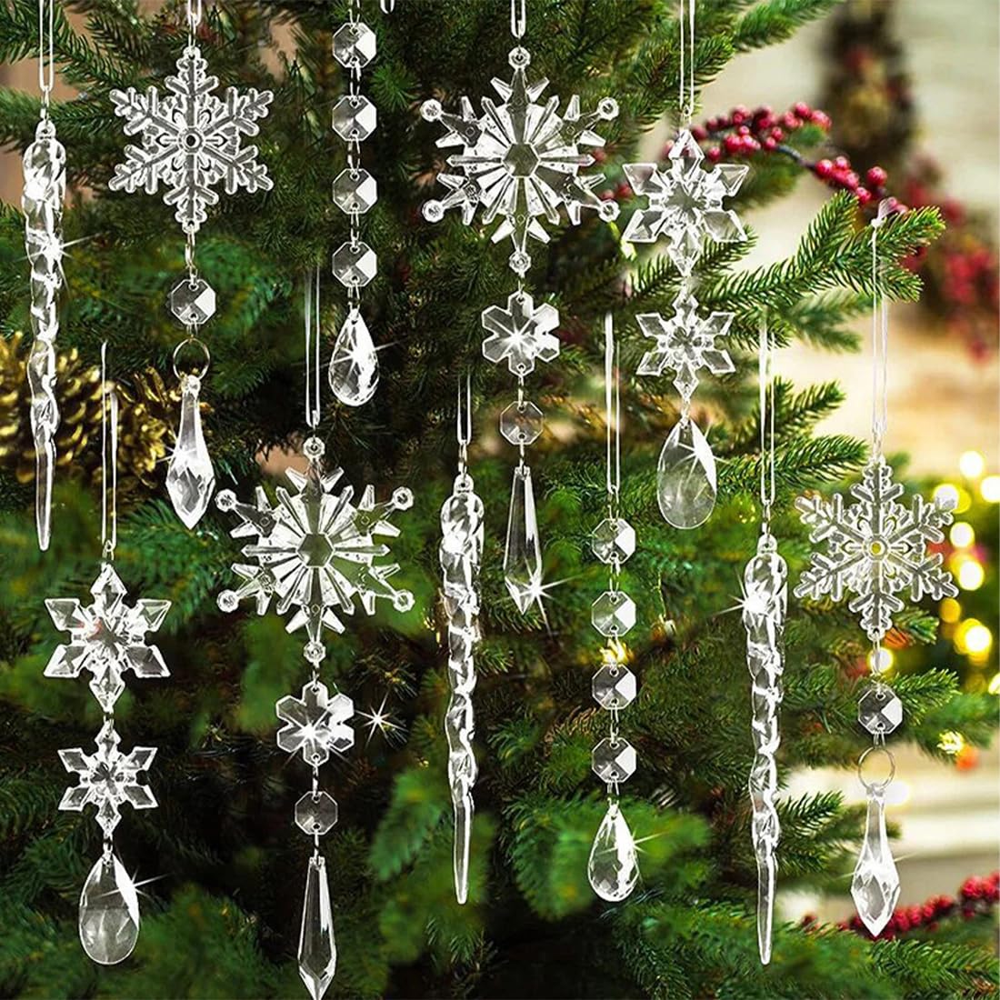 10 Piezas Adornos de Copos de Nieve de Cristal Acrílico,con 10 Cintas,Decoración Navideña Adornos del Árbol de Navidad de Cristal,Colgantes de Copo de Nieve para Árboles de Navidad