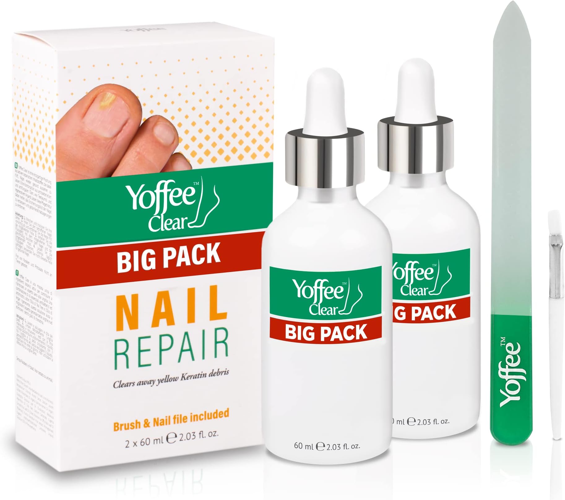 Yoffee Clear Nail Care Kit 2 x 60ml Bottle - Fungal Nail Treatment for Finger and Toe Nail - Antibacterial, Antiseptic - Antifungal with Organic Argan Oil, Tea Tree Oil–Improved Formula/Made in Spain