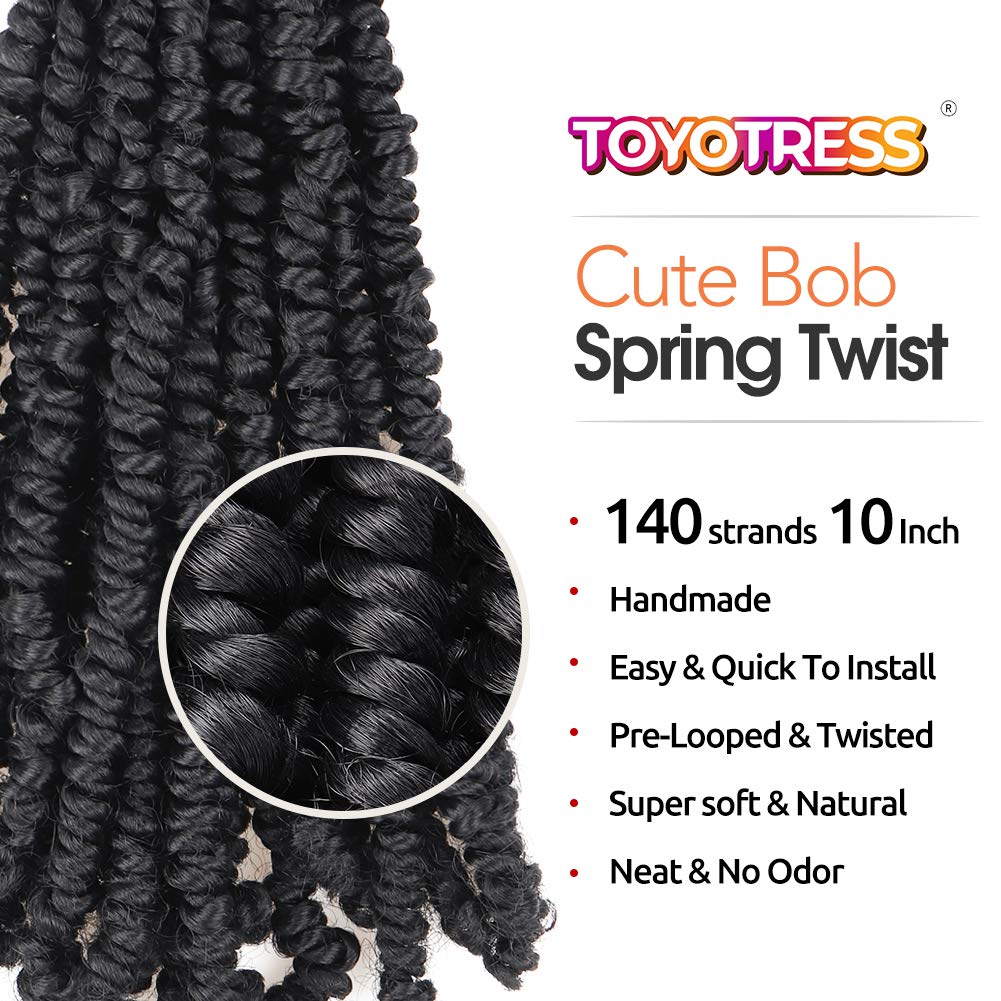 TOYOTRESS Bob Spring Twist Crochet Hair - 10 inch 7Pcs (140 strands) Natural Black Cute & Versatile Pre-twisted Spring Twists Crochet Braids Synthetic Braiding Hair Extension (10inch,1B)