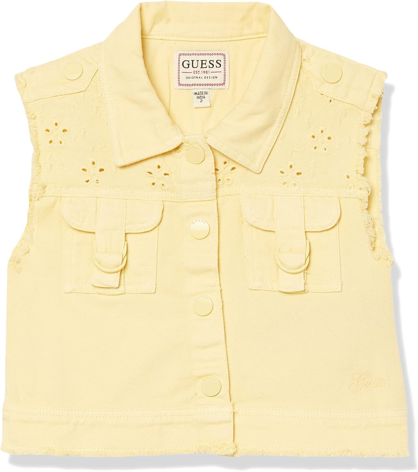 GUESS Girls' Little Eyelet Bull Denim Vest, Butter Corn, 5