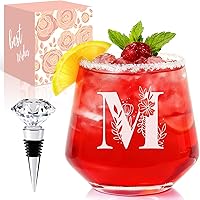 Physkoa Personalized Stemless Wine Glass - Custom A-Z Initial Etched Monogram, Dishwasher Safe Gift for Her, Mom, Birthday or Valentine's (M)
