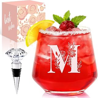 Physkoa Personalized Stemless Wine Glass - Custom A-Z Initial Etched Monogram, Dishwasher Safe Gift for Her, Mom, Birthday or Valentine's (M)