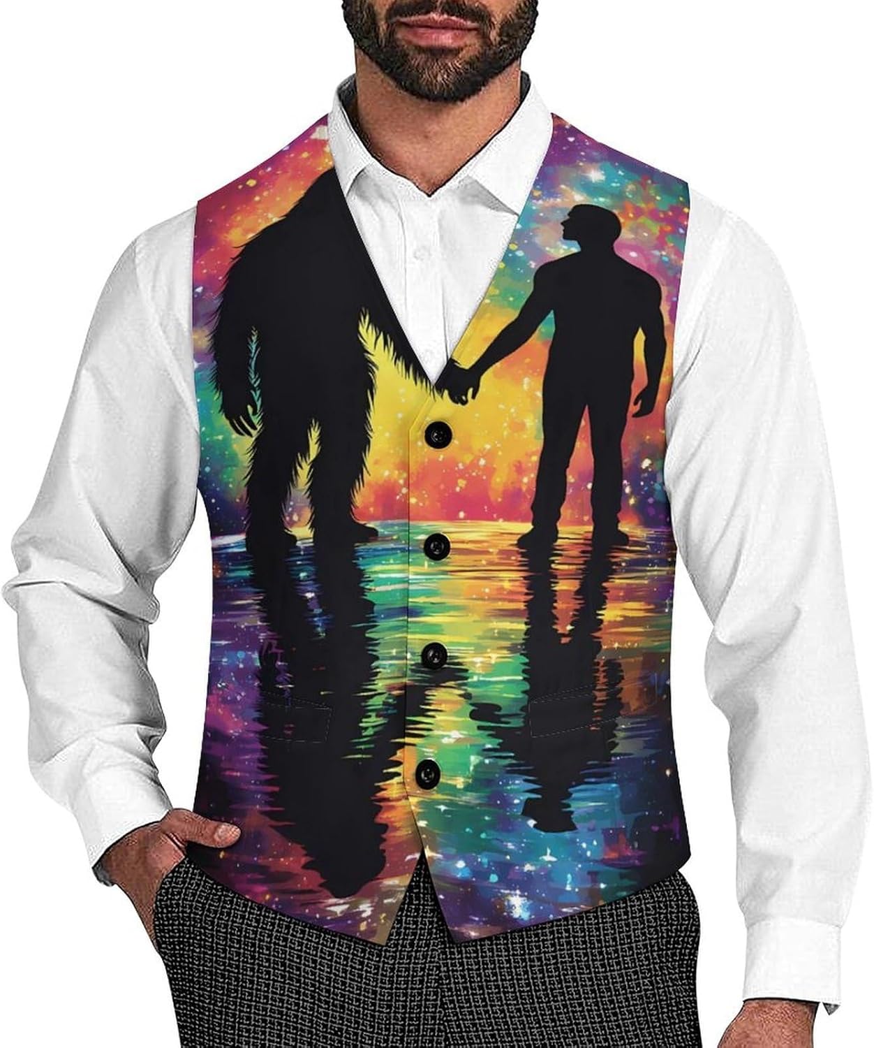 Bigfoot Friendship with Human Men's Suit Vest Casual Business Dress Slim Fit Waistcoat Vests with Pockets